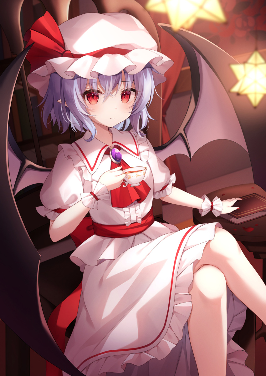 1girl bat_wings black_wings blush closed_mouth collared_shirt commentary cup feet_out_of_frame frilled_shirt_collar frilled_skirt frilled_sleeves frills hair_between_eyes hat hat_ribbon highres holding holding_cup looking_at_viewer miy@ mob_cap purple_hair red_eyes red_ribbon remilia_scarlet ribbon shirt short_hair short_sleeves skirt solo touhou white_headwear white_shirt white_skirt wings wrist_cuffs