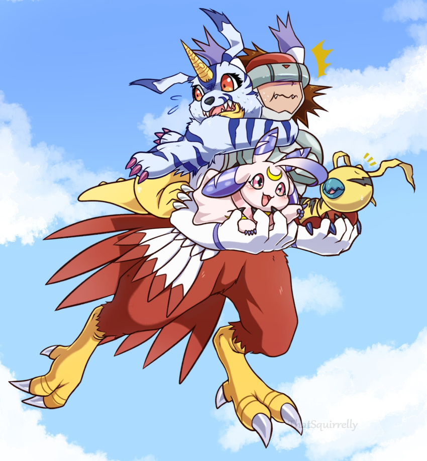 1boy :3 :d ^^^ ahoge animal_ears antennae bird_legs bird_tail blue_sky bodysuit brown_hair carrying cat_ears chest_guard claws closed_mouth clouds covered_eyes day digimon digimon_(creature) digitigrade english_commentary fangs fangs_out feathered_wings floating flying_sweatdrops full_body gabumon head-mounted_display highres horns huge_ahoge isso_(thatsquirrelly) kunemon looking_back lunamon male_focus medium_hair notice_lines open_mouth pointing rabbit red_eyes sharp_teeth shoulder_pads silphymon single_horn sky smile solo_focus sweat tail talons teeth violet_eyes white_bodysuit winged_arms wings worm