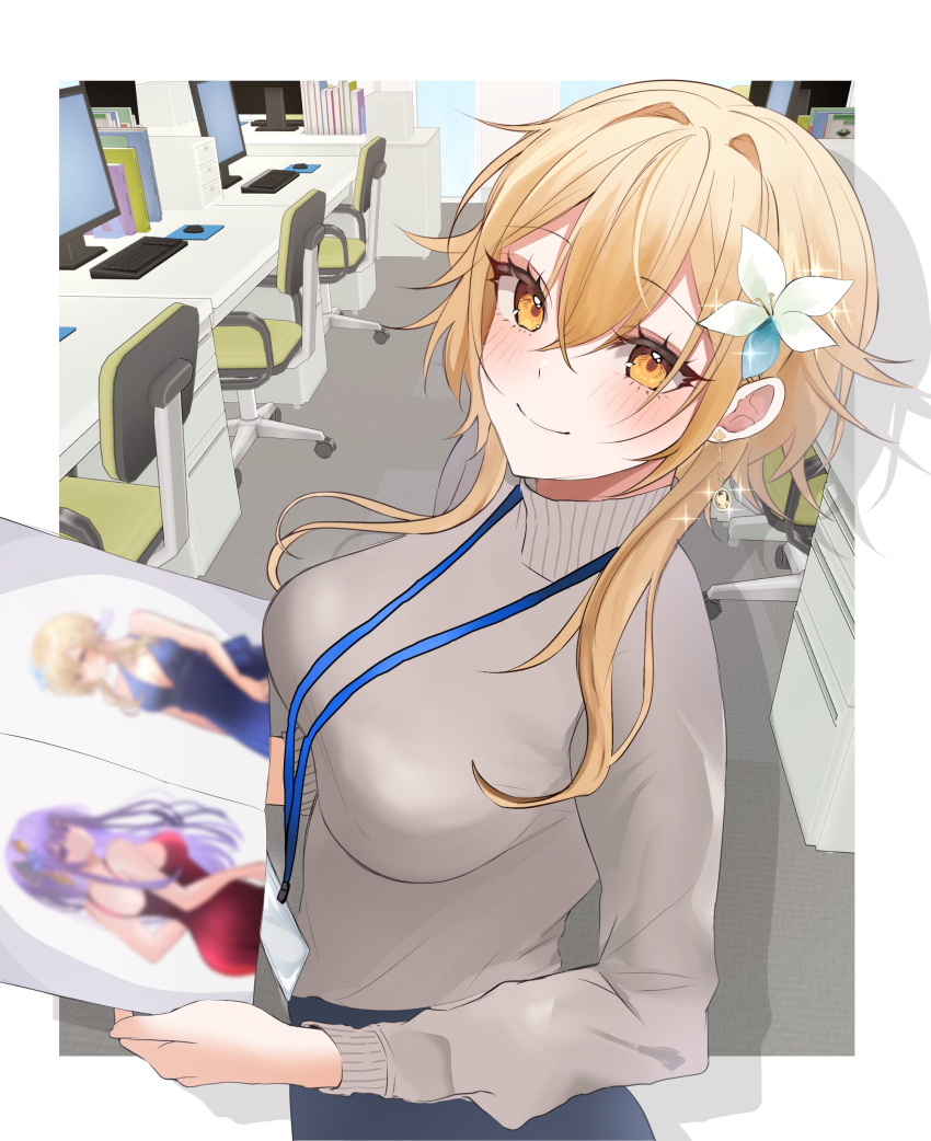 1girl absurdres blonde_hair blush breasts chair closed_mouth computer flower genshin_impact grey_shirt hair_between_eyes hair_flower hair_ornament highres holding indoors keyboard_(computer) large_breasts long_sleeves lumine_(genshin_impact) monitor mouse office_chair pants shirt short_hair_with_long_locks sidelocks solo swivel_chair white_flower yaduki100 yellow_eyes