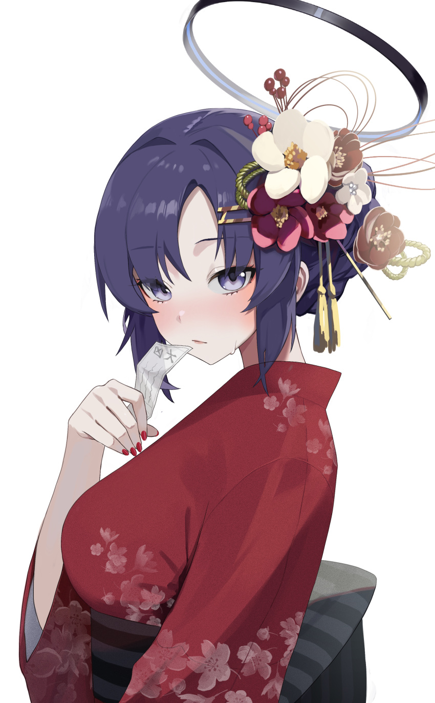 1girl absurdres alternate_costume alternate_hairstyle blue_archive blush breasts fingernails flower hair_flower hair_ornament halo highres japanese_clothes kimono looking_at_viewer looking_to_the_side medium_breasts nail_polish obi omikuji purple_hair red_kimono sash simple_background solo sukoyaka_konbu upper_body violet_eyes white_background yukata yuuka_(blue_archive)
