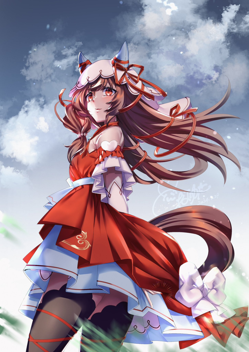1girl animal_ears arms_behind_back blurry blurry_foreground breasts brown_hair chrono_(himadon) clouds commentary_request grass hair_between_eyes hair_ornament highres horse_ears horse_girl horse_tail looking_at_viewer open_mouth red_eyes ribbon sky small_breasts solo still_in_love_(umamusume) tail thigh-highs umamusume veil