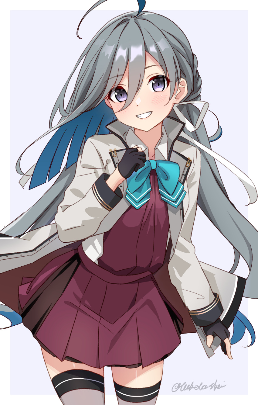 1girl absurdres ahoge aqua_bow aqua_bowtie black_gloves blue_hair blush bow bowtie coat colored_inner_hair cowboy_shot dress gloves grey_coat grey_eyes grey_hair grey_thighhighs grin highres kantai_collection kiyoshimo_(kancolle) kiyoshimo_kai_ni_(kancolle) long_hair long_sleeves looking_at_viewer low_twintails multicolored_hair open_clothes open_coat partially_fingerless_gloves pleated_dress purple_dress smile solo thigh-highs toketa-sekai twintails twitter_username