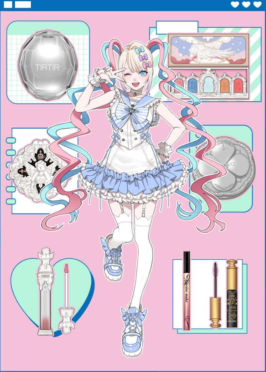 1girl alternate_costume blonde_hair blue_bow blue_eyes blue_footwear blue_hair blue_sailor_collar bow chouzetsusaikawa_tenshi-chan commentary_request compact_(cosmetics) cosmetics dress eyeshadow_box frilled_dress frills full_body garter_straps hair_bow hand_on_own_hip heart highres lipstick_tube long_hair looking_at_viewer maou_(demonlord) mascara_wand multicolored_hair needy_girl_overdose one_eye_closed open_mouth outline pink_background pink_bow pink_hair purple_bow quad_tails sailor_collar shoes smile sneakers solo standing standing_on_one_leg thigh-highs very_long_hair w w_over_eye white_dress white_outline white_thighhighs window_(computing) wrist_cuffs