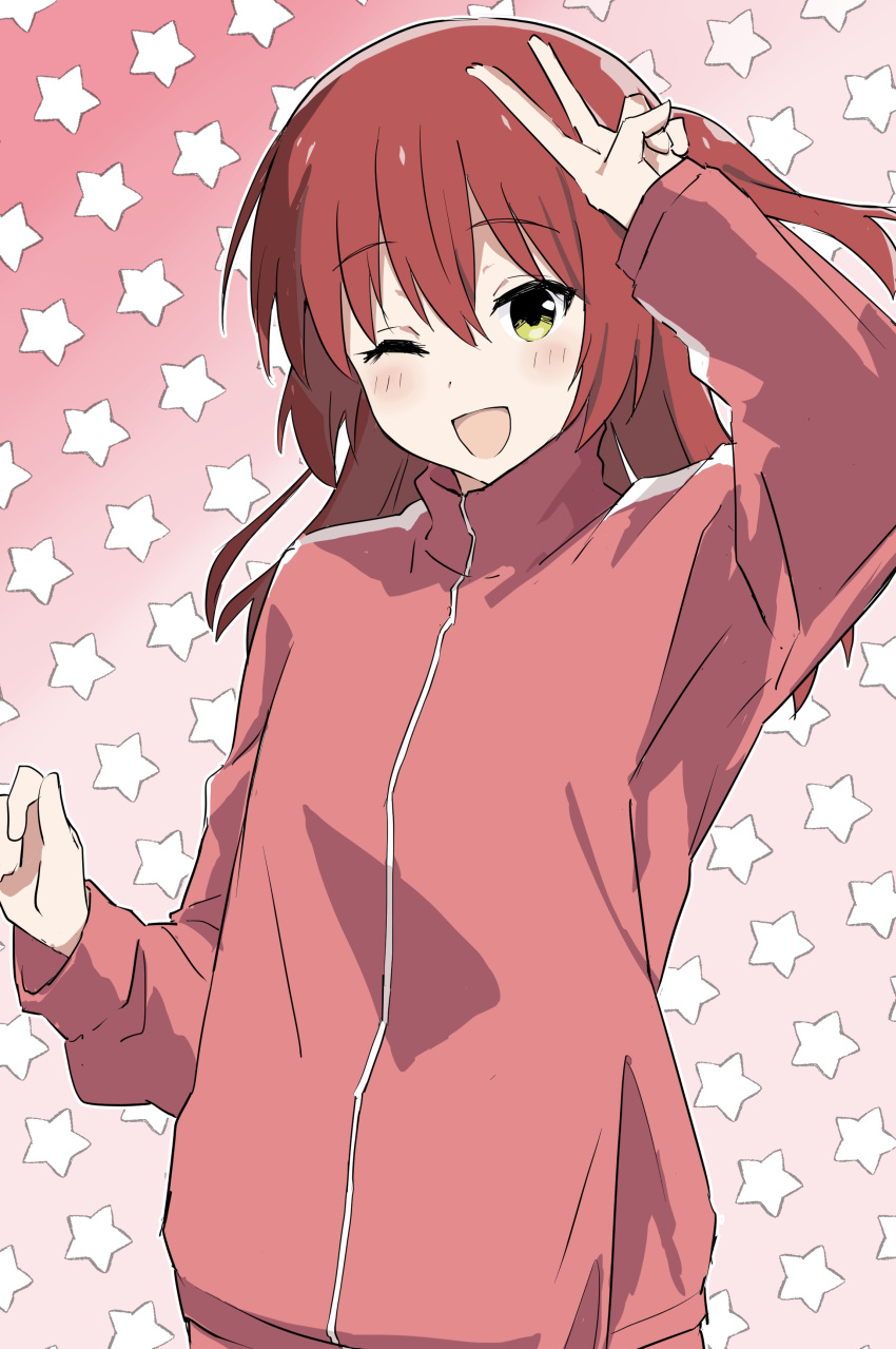 1girl ;d absurdres arm_up as_buppa bocchi_the_rock! cowboy_shot gradient_background green_eyes hair_between_eyes highres jacket kita_ikuyo long_sleeves looking_at_viewer one_eye_closed open_mouth pink_jacket redhead smile solo standing star_(symbol) starry_background track_jacket v