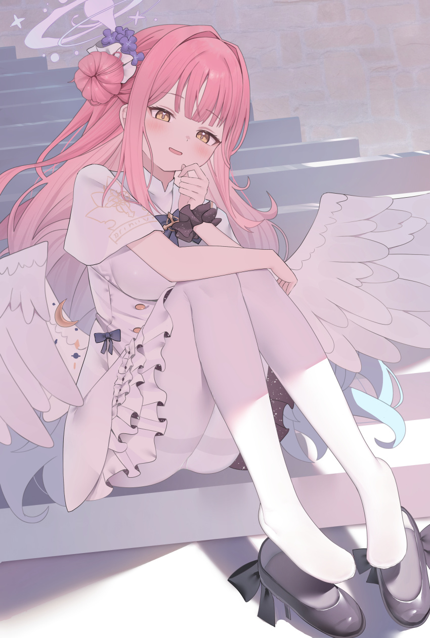 1girl absurdres angel_wings ass black_footwear blue_archive blush capelet dress feathered_wings flower hair_bun hair_flower hair_ornament halo highres koba_(kobako42) long_hair looking_at_viewer mika_(blue_archive) open_mouth pantyhose pink_hair pink_halo purple_flower shoes single_side_bun smile solo white_capelet white_dress white_pantyhose white_wings wings yellow_eyes