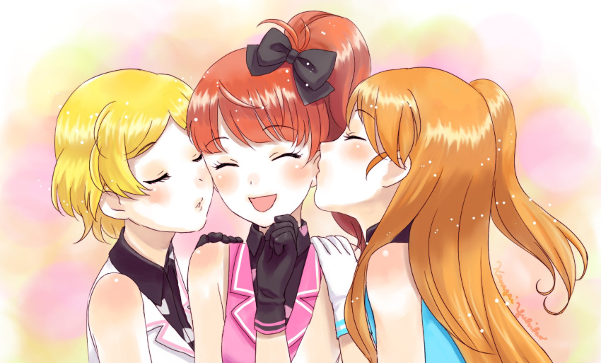 3girls :d ^_^ amamiya_rizumu bare_shoulders black_gloves black_shirt blonde_hair blush bow closed_eyes collared_shirt commentary_request facing_another facing_viewer girl_sandwich gloves hair_bow hand_on_another's_shoulder hand_on_own_chin harune_aira highres imminent_kiss jacket kanagai_yukiko kiss long_hair multiple_girls open_mouth orange_hair parted_bangs parted_lips pink_jacket pretty_rhythm pretty_rhythm_aurora_dream pretty_series sandwiched shirt short_hair side_ponytail smile takamine_mion upper_body white_gloves yuri