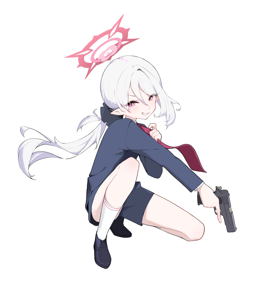 1girl absurdres black_footwear black_shorts blue_archive blush full_body grey_hair grin gun halo highres holding holding_gun holding_weapon long_hair long_sleeves looking_at_viewer mona_kkkk mutsuki_(blue_archive) mutsuki_(suit)_(blue_archive) necktie official_alternate_costume pointy_ears ponytail red_halo red_necktie shoes shorts simple_background smile socks solo suit violet_eyes weapon white_background white_socks