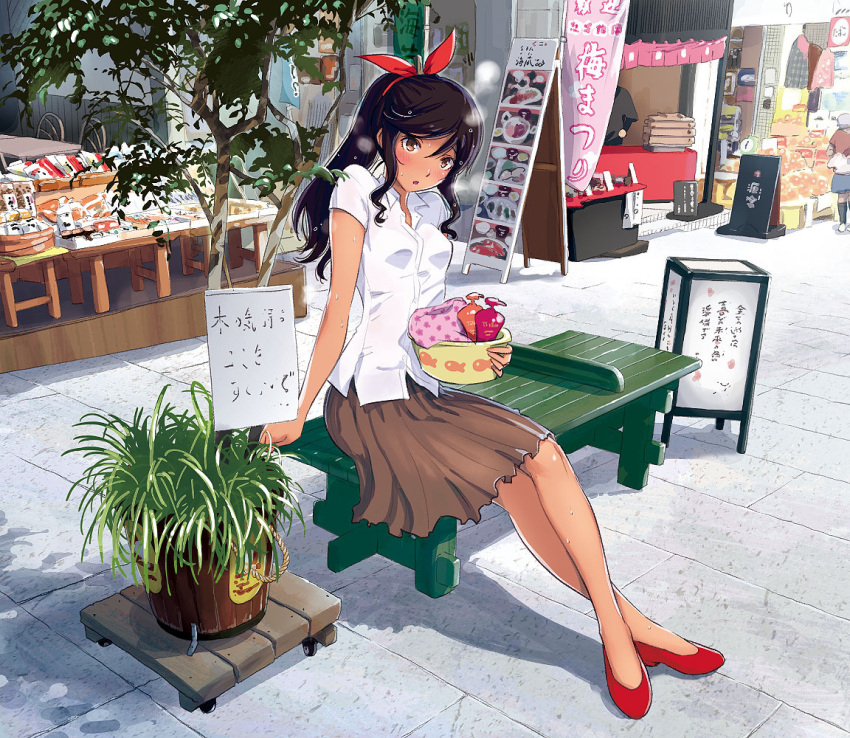 1other 2girls alternate_eye_color arm_support banner basin black_hair blush breasts brown_eyes brown_skirt collared_shirt crossed_legs day from_side hattori_mitsuru holding hot kinme_wakana kirei_ni_shitemoraemasuka long_hair looking_at_viewer market_stall multiple_girls on_bench outdoors parted_lips plant ponytail potted_plant red_footwear road shirt short_sleeves sitting skirt small_breasts solo_focus street sweat tan white_shirt