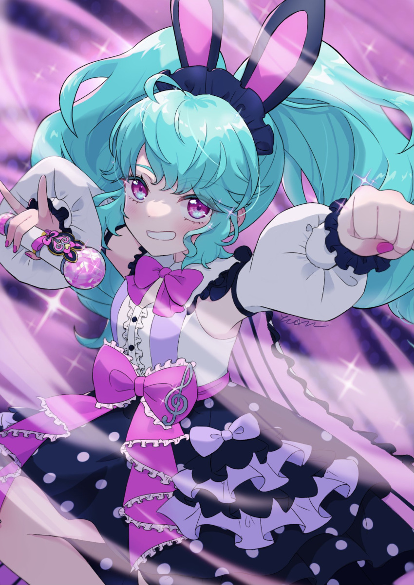 1girl \m/ animal_ears black_skirt blue_hair bow clenched_hand collared_shirt commentary_request cowboy_shot detached_sleeves drill_hair hands_up highres holding holding_microphone idol_land_pripara katasumi_amari long_hair long_sleeves looking_at_viewer microphone nail_polish open_mouth outstretched_arm pink_bow pink_eyes pink_nails pink_ribbon polka_dot polka_dot_skirt pretty_series pripara puffy_detached_sleeves puffy_sleeves rabbit_ears ribbon shirt skirt smile solo sparkle standing tawashi_(hoisassa) treble_clef twin_drills twintails very_long_hair white_shirt wind