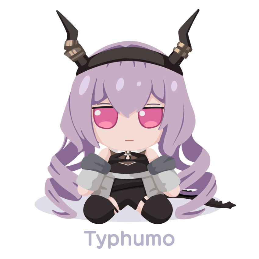 1girl arknights black_hairband black_thighhighs character_name chibi fake_horns full_body fumo_(doll) gribberoni hairband highres horn_hairband horns jacket jitome long_hair off_shoulder open_clothes pun purple_hair red_eyes simple_background sitting solo thigh-highs typhon_(arknights) very_long_hair white_background
