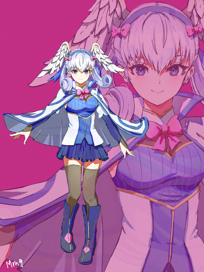 blue_eyes braid cape crown_braid curly_hair full_body grey_hair head_wings highres juliet_sleeves long_sleeves melia_antiqua milo_monzon puffy_sleeves skirt smile solo twintails wings xenoblade_chronicles:_future_connected xenoblade_chronicles_(series) xenoblade_chronicles_1