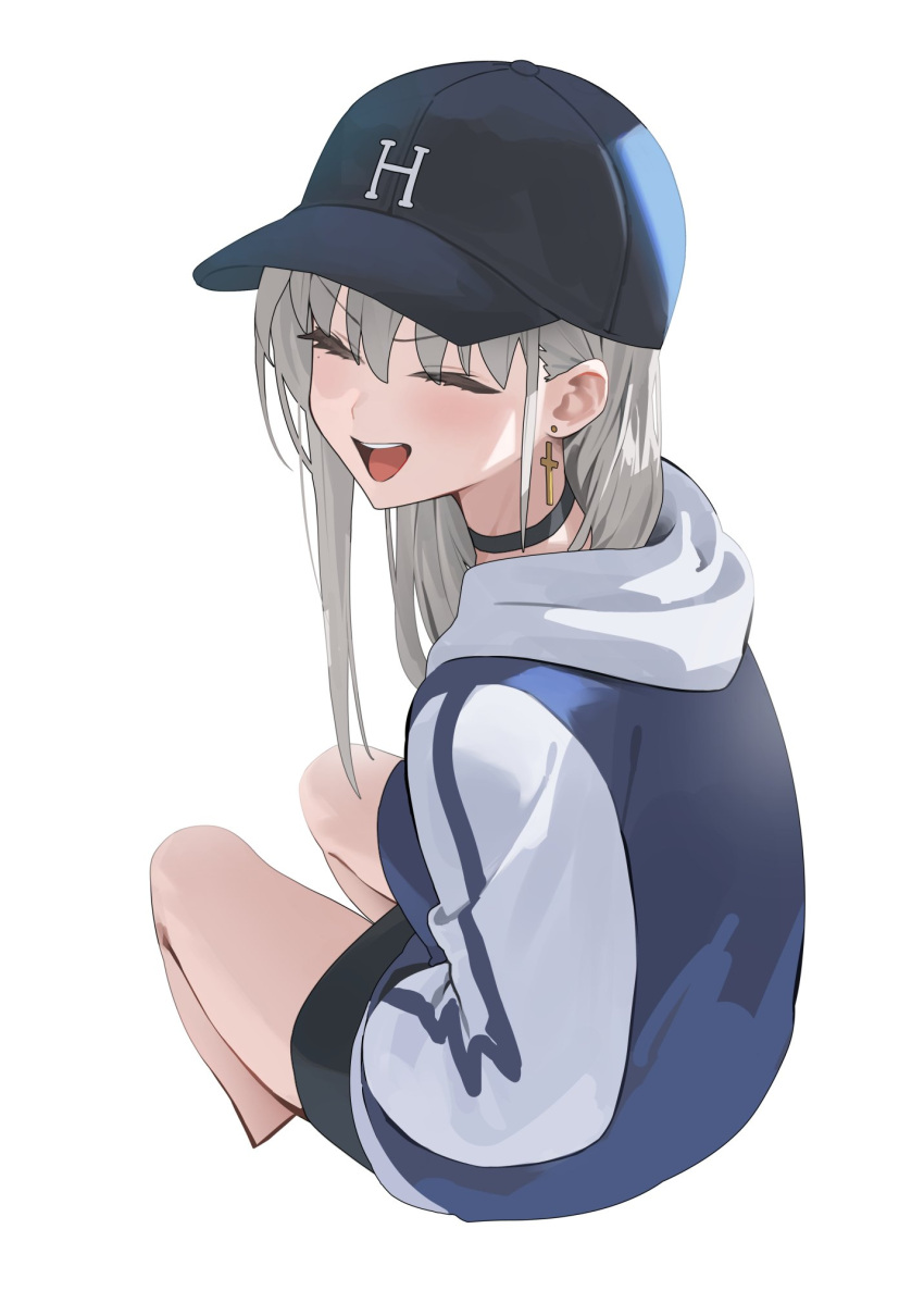 1girl :d baseball_cap black_headwear blue_jacket blush closed_eyes cropped_legs cross cross_earrings earrings facing_viewer from_behind grey_hair hair_behind_ear hands_in_pockets hat highres hood hood_(james_x) hood_down hooded_jacket invisible_chair jacket jewelry legs_apart long_hair multicolored_clothes multicolored_jacket open_mouth original sidelocks simple_background sitting smile solo stud_earrings teeth two-tone_jacket upper_teeth_only v-shaped_eyebrows white_background white_jacket