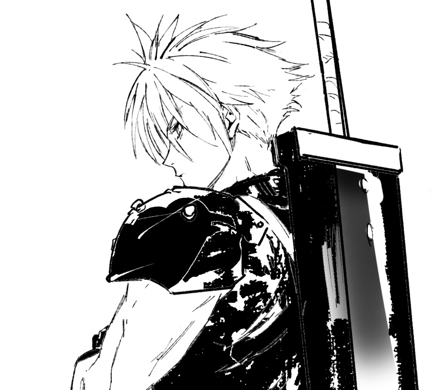 1boy armor buster_sword closed_mouth cloud_strife final_fantasy final_fantasy_vii from_side greatsword greyscale hair_between_eyes kakeami male_focus monochrome profile simple_background solo spiky_hair sword upper_body weapon weapon_on_back