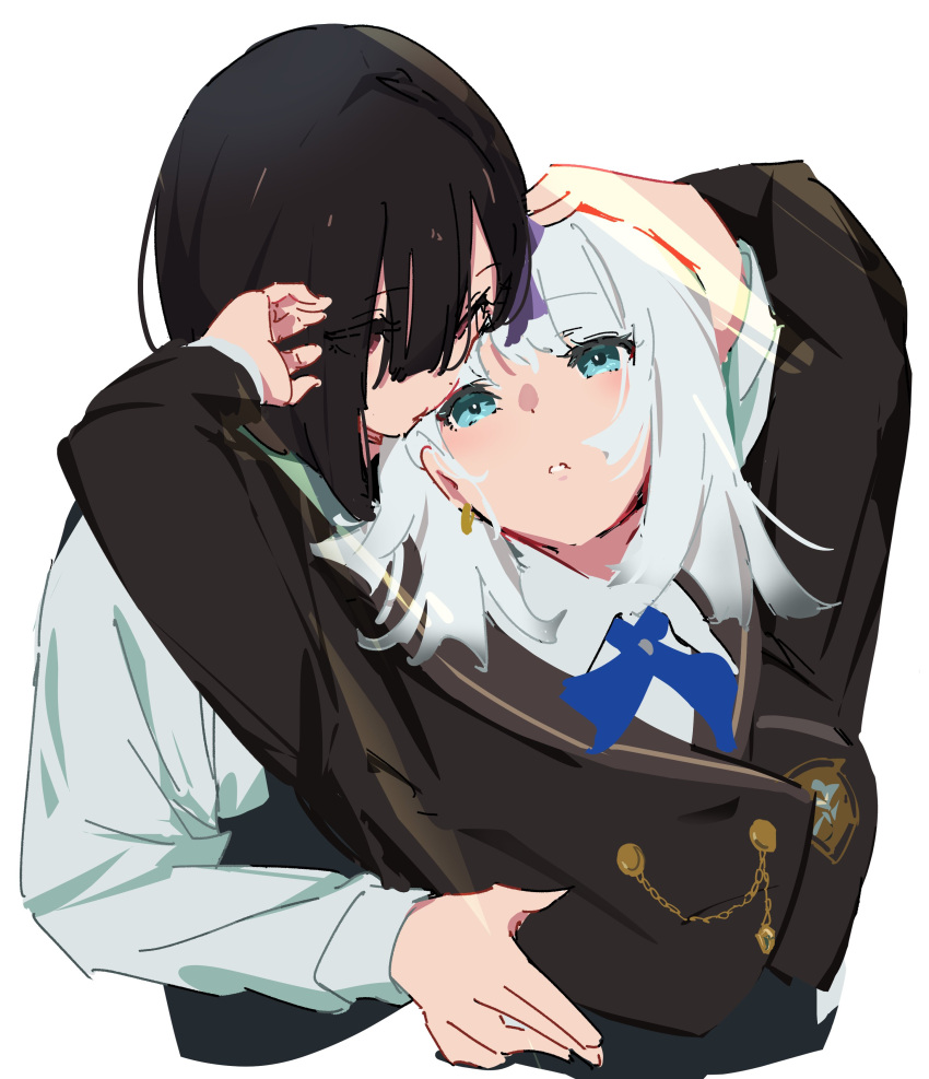 2girls absurdres atenaba black_hair black_vest blue_eyes blue_ribbon brown_jacket collared_shirt commentary_request hand_in_another's_hair hand_on_another's_waist highres jacket long_sleeves looking_at_another medium_hair multiple_girls neck_ribbon original parted_lips red_eyes ribbon shirt simple_background upper_body vest white_background white_hair white_shirt yuri
