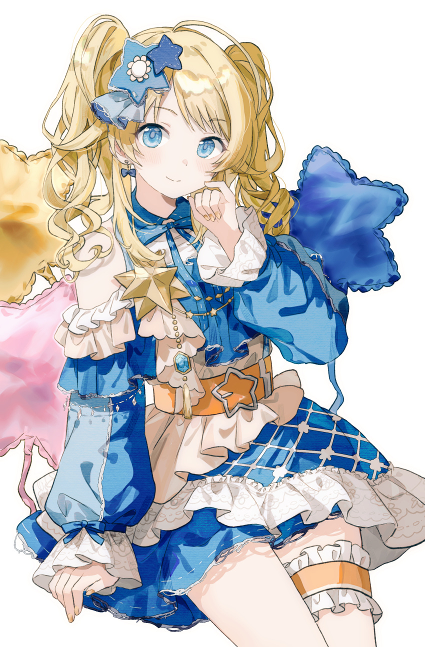 1girl absurdres ahoge alternate_hairstyle arm_support bare_legs belt blonde_hair blue_bow blue_dress blue_eyes bow bow_earrings bridal_garter closed_mouth cowboy_shot curly_hair dress drop_earrings earrings frilled_dress frills hachimiya_meguru hair_ornament hand_up highres idolmaster idolmaster_shiny_colors invisible_chair jewelry light_smile long_hair looking_at_viewer migolu orange_belt pillow pinky_out simple_background sitting solo star-shaped_pillow star_(symbol) star_hair_ornament thighs twintails white_background