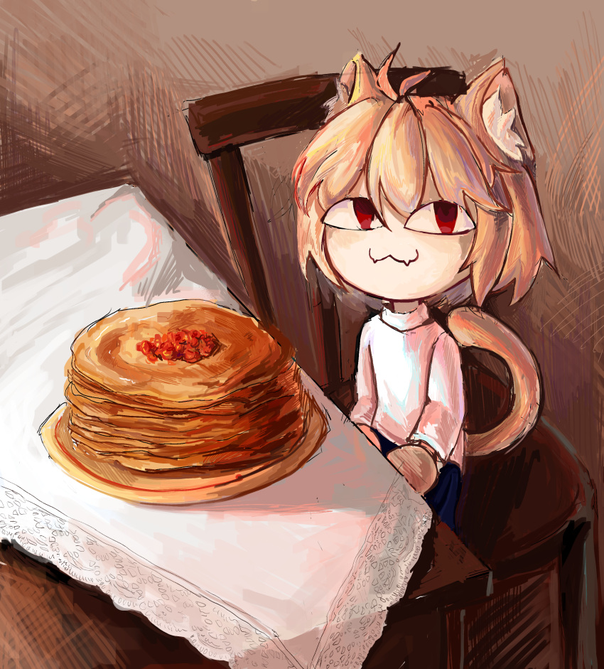 1girl :3 absurdres animal_ear_fluff animal_ears blonde_hair chair closed_mouth cowboy_shot fangs food from_above highres indoors jazz_the_blini_cat_(meme) looking_at_viewer meme neco-arc painterly pancake pancake_stack plate red_eyes sitting skin_fangs skirt solo sweater table tail tsukihime white_sweater yumesaki_(pixiv_96093431)