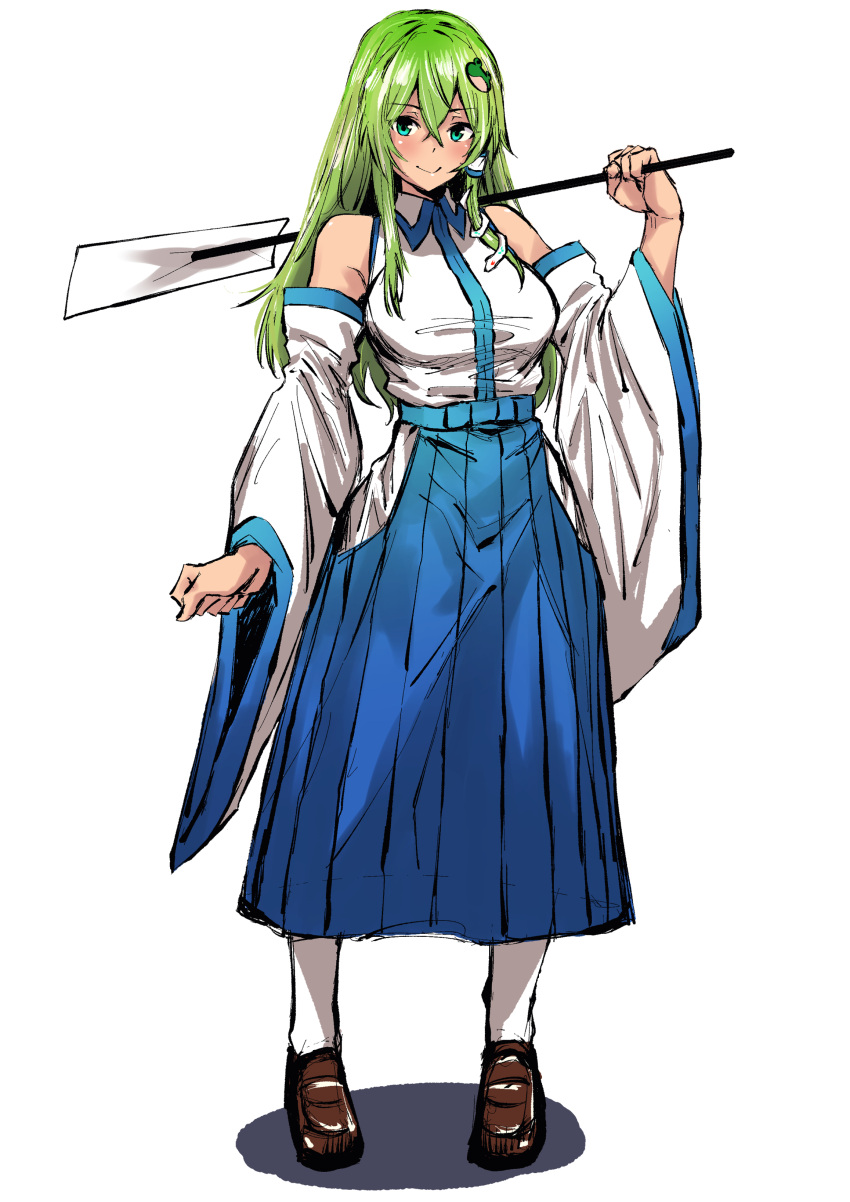 1girl absurdres adapted_costume bare_shoulders blue_hakama blue_skirt breasts brown_footwear closed_mouth collared_shirt frog_hair_ornament full_body gohei green_eyes green_hair hair_ornament hakama hakama_skirt happy highres hip_vent holding holding_gohei japanese_clothes kochiya_sanae large_breasts loafers long_hair long_skirt long_sleeves looking_at_viewer sen_(daydream_53) shirt shoes sidelocks simple_background skirt smile snake_hair_ornament socks solo standing touhou white_background white_shirt white_sleeves white_socks wide_sleeves