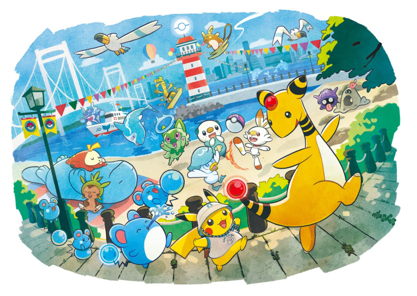 :d aircraft alolan_raichu ampharos azurill bush chespin clothed_pokemon clouds commentary_request day fence finizen fuecoco gholdengo highres hot_air_balloon lighthouse looking_back marill no_humans official_art open_mouth oshawott outdoors palafin pier pikachu pokemon pokemon_(creature) quagsire quaxly sand sandygast scorbunny shellder shore sky smile sprigatito walking water wingull