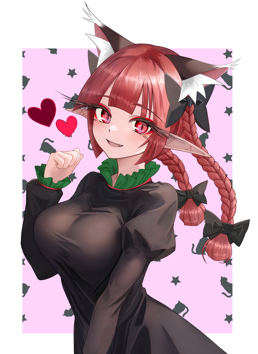 1girl absurdres animal_ear_fluff animal_ears black_bow blunt_bangs blush border bow braid breasts cat_ears collar commentary_request dress extra_ears fang frilled_collar frilled_dress frilled_sleeves frills green_dress hair_bow hand_up heart highres juliet_sleeves kaenbyou_rin large_breasts lips long_eyelashes long_sleeves looking_at_viewer medium_hair nekomata open_mouth pink_background pointy_ears puffy_sleeves red_eyes redhead simple_background slit_pupils smile solo sugar_you tongue touhou twin_braids upper_body white_border