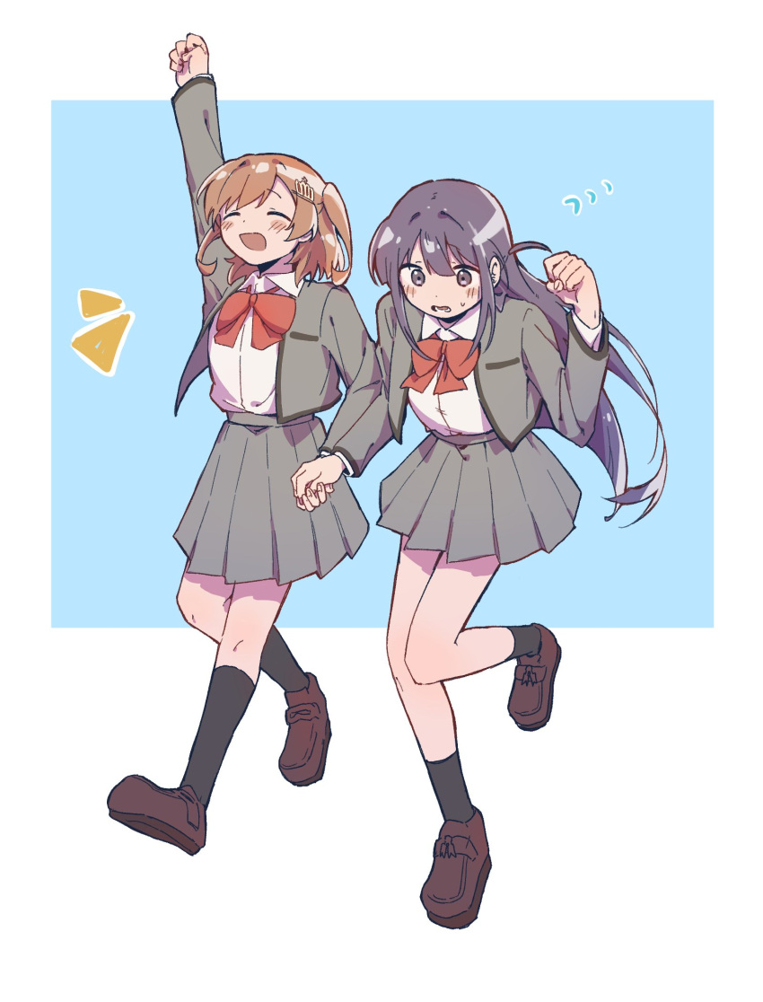 2girls :d ^_^ aijou_karen arm_up black_socks blue_background blunt_ends blush bow bowtie breast_pocket brown_footwear brown_hair clenched_hand closed_eyes collared_shirt crown_hair_ornament full_body grey_jacket grey_skirt hair_ornament hairclip hand_grab hand_up highres jacket kneehighs leg_up loafers long_hair long_sleeves looking_ahead lower_teeth_only miniskirt motion_lines multiple_girls open_clothes open_jacket outstretched_arm parted_lips pleated_skirt pocket purple_hair red_bow red_bowtie rei931218 school_uniform seishou_music_academy_uniform shirt shirt_tucked_in shoes short_hair shoujo_kageki_revue_starlight side-by-side sidelocks skirt smile socks sweatdrop teeth tsuyuzaki_mahiru two-tone_background two_side_up violet_eyes walking white_background white_shirt