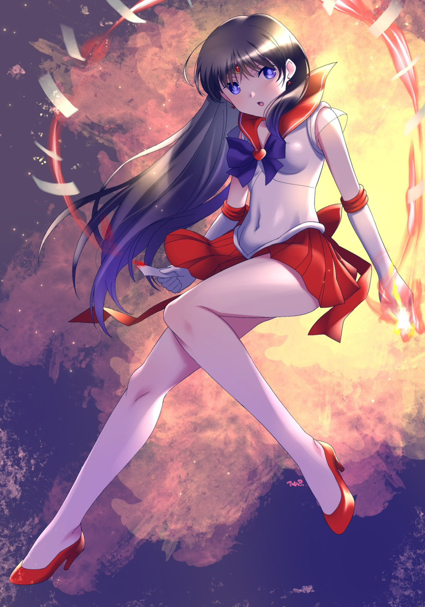 1girl back_bow bishoujo_senshi_sailor_moon black_hair bow bowtie circlet covered_navel elbow_gloves fire gem gloves high_heels highres himewachi hino_rei jewelry long_hair magical_girl ofuda purple_bow purple_bowtie red_footwear red_gemstone red_sailor_collar red_skirt sailor_collar sailor_mars sailor_senshi sailor_senshi_uniform skirt solo tiara violet_eyes white_gloves