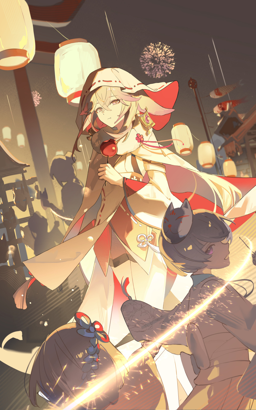 1girl 6+others :t absurdres animal_ears candy_apple cape closed_mouth commentary_request crackingtaro crossed_bangs crowd earrings feet_out_of_frame festival fireworks floppy_ears food fox_ears fox_mask genshin_impact highres holding holding_food jewelry lantern long_hair looking_at_viewer mask mask_on_head outdoors pale_color paper_lantern people pink_eyes pink_hair solo_focus very_long_hair white_cape white_sleeves white_veil wide_sleeves yae_miko