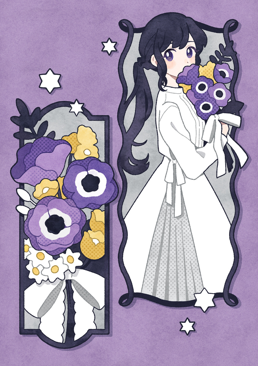 1girl black_hair blush_stickers bouquet bow commentary_request covered_mouth cowboy_shot dress flower halftone halftone_texture hexagram highres holding holding_bouquet holding_flower long_dress long_hair long_sleeves looking_back nahara_saki original pansy ponytail purple_background purple_flower purple_pansy solo standing star_of_david violet_eyes white_bow white_dress white_flower yellow_flower