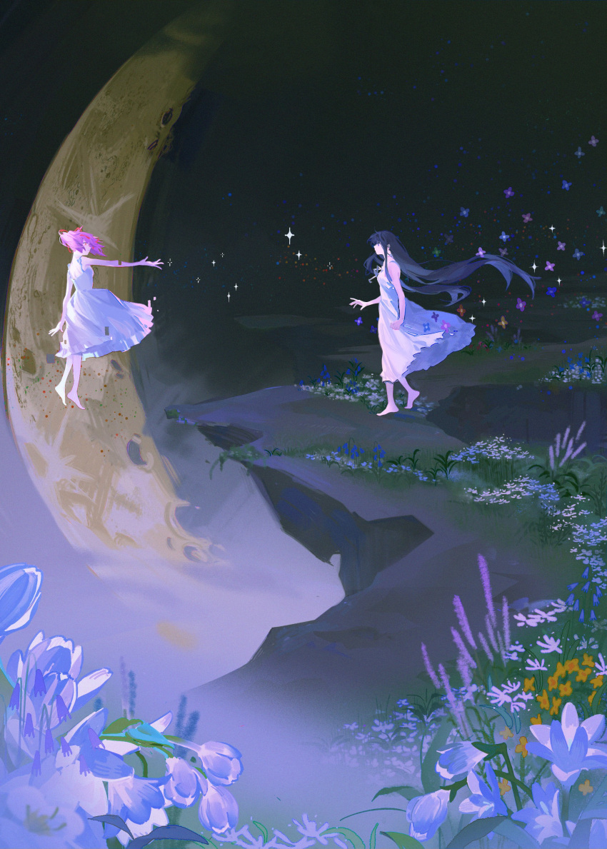 2girls absurdres akemi_homura arm_at_side backlighting bare_arms bare_shoulders barefoot black_hair black_hairband blue_flower clear_sky cliff clothes_lift crescent_moon darkness dress dress_lift eye_contact fantasy field floating floating_hair flower flower_field fog from_side glitch grass hair_ribbon hairband happy highres kaname_madoka kimi_no_gin_no_niwa_(madoka_magica) lavender_(flower) leaf light_particles long_dress long_hair looking_at_another mahou_shoujo_madoka_magica mahou_shoujo_madoka_magica:_hangyaku_no_monogatari medium_dress moon moonlight multiple_girls night night_sky orange_flower outstretched_arm pink_eyes pink_hair profile purple_flower red_ribbon ribbon short_twintails shoulder_blades sky smile snowbell_(flower) spaghetti_strap sparkle standing surreal twintails very_long_hair violet_eyes walking white_dress white_flower wide_shot zgxuke