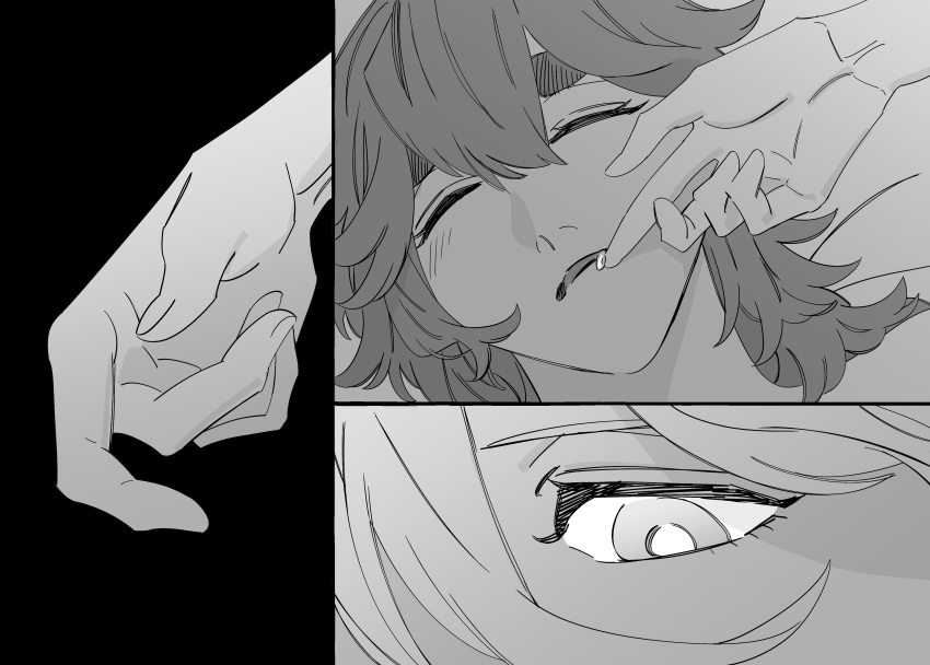 2girls absurdres commentary_request finger_to_another's_mouth greyscale gundam gundam_suisei_no_majo highres korean_commentary long_hair looking_at_another miorine_rembran monochrome multiple_girls parted_lips saliva sleeping snapagi suletta_mercury