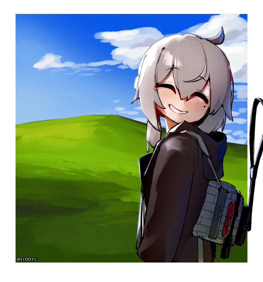 1girl absurdres ahoge backpack bag black_jacket blue_sky closed_eyes clouds cloudy_sky commission crr001 eyebrows_hidden_by_hair facing_viewer girls_frontline grey_hair highres hill hood hooded_jacket inset_border jacket m200_(girls'_frontline) medium_hair parted_lips sky smile solo twitter_username upper_body