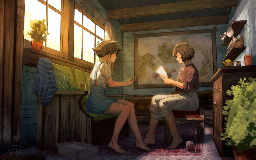 2girls absurdres aidenr0 bare_legs black_hair blue_skirt boat brown_hair brown_shirt clenched_teeth compass_rose cup day english_commentary highres holding holding_paintbrush holding_paper indoors light_particles looking_at_another map multiple_girls original paintbrush pants pants_rolled_up paper parted_lips pillow plant potted_plant profile shirt short_hair short_sleeves sitting skirt sleeves_rolled_up sunlight teapot teeth watercraft white_pants white_shirt window windowsill wooden_wall