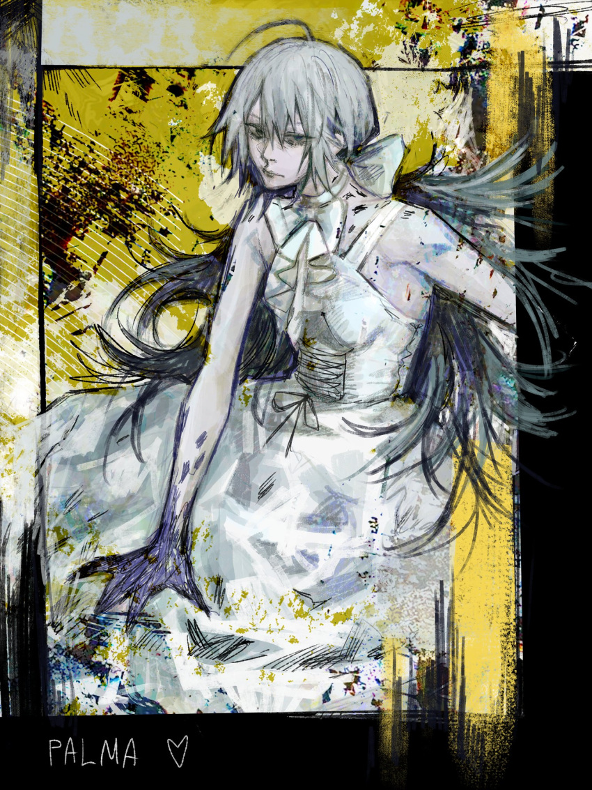 1girl bags_under_eyes bare_shoulders choujin_x crurry_(trenos_x) dirty dirty_clothes dress facing_viewer hair_ribbon highres long_hair looking_at_viewer multicolored_background multicolored_hair on_ground ribbon shishinegura_palma transformation white_dress white_hair yellow_background