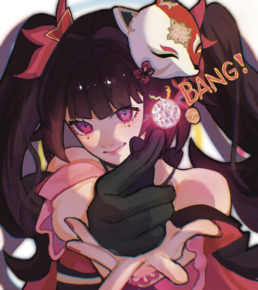 1girl bare_shoulders black_gloves bow brown_hair closed_mouth dress finger_gun fox_mask gloves hair_bow hair_intakes highres honkai:_star_rail honkai_(series) lips long_hair mask mask_on_head nail_polish obi outstretched_arm own_hands_together pewpew_(pewpew) pink_eyes pointing pointing_at_viewer portrait red_bow red_dress red_nails sash sidelocks single_glove sleeveless sleeveless_dress smile solo sound_effects sparkle_(honkai:_star_rail) twintails
