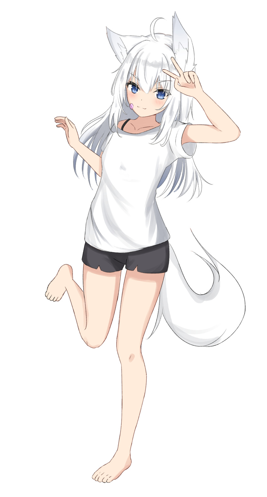 &gt;:) 1girl absurdres ahoge animal_ear_fluff animal_ears arm_up bandaid bandaid_on_cheek bandaid_on_face barefoot black_shorts blue_eyes closed_mouth collarbone commentary_request fox_ears fox_girl fox_tail full_body hair_between_eyes highres kuronagi_(mitora_uwu) looking_at_viewer original shirt short_shorts short_sleeves shorts simple_background smile solo standing standing_on_one_leg tail v v-shaped_eyebrows white_background white_hair white_shirt