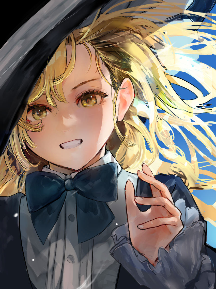 1girl :d absurdres black_bow black_bowtie black_headwear black_jacket blonde_hair blue_background bow bowtie collared_shirt eneshi floating_hair frilled_sleeves frills gradient_background grin hand_up hat hat_ribbon highres jacket kirisame_marisa long_hair long_sleeves looking_at_viewer puffy_sleeves ribbon shirt smile solo teeth touhou upper_body white_ribbon white_shirt witch_hat yellow_eyes