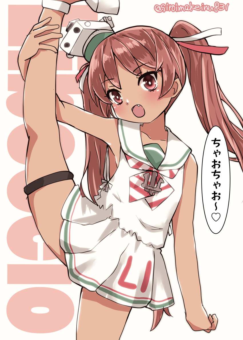1girl absurdres brown_eyes brown_hair character_name clothes_writing cowboy_shot dark-skinned_female dark_skin dress fang hat highres kantai_collection kitahama_(siroimakeinu831) leg_up libeccio_(kancolle) long_hair looking_at_viewer low-cut_armhole mini_hat neckerchief one-hour_drawing_challenge sailor_dress simple_background sleeveless sleeveless_dress solo split standing standing_on_one_leg standing_split striped_neckerchief text_background twintails twitter_username white_background white_dress