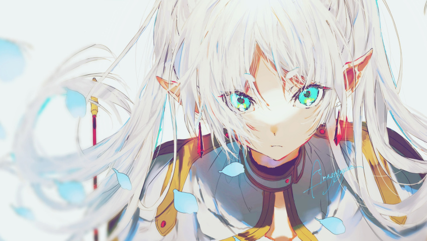 1girl absurdres amagasayu aqua_eyes artist_name blurry capelet closed_mouth depth_of_field elf expressionless frieren gold_trim grey_background highres long_hair looking_at_viewer parted_bangs pointy_ears signature simple_background solo sousou_no_frieren staff twintails upper_body white_capelet white_hair