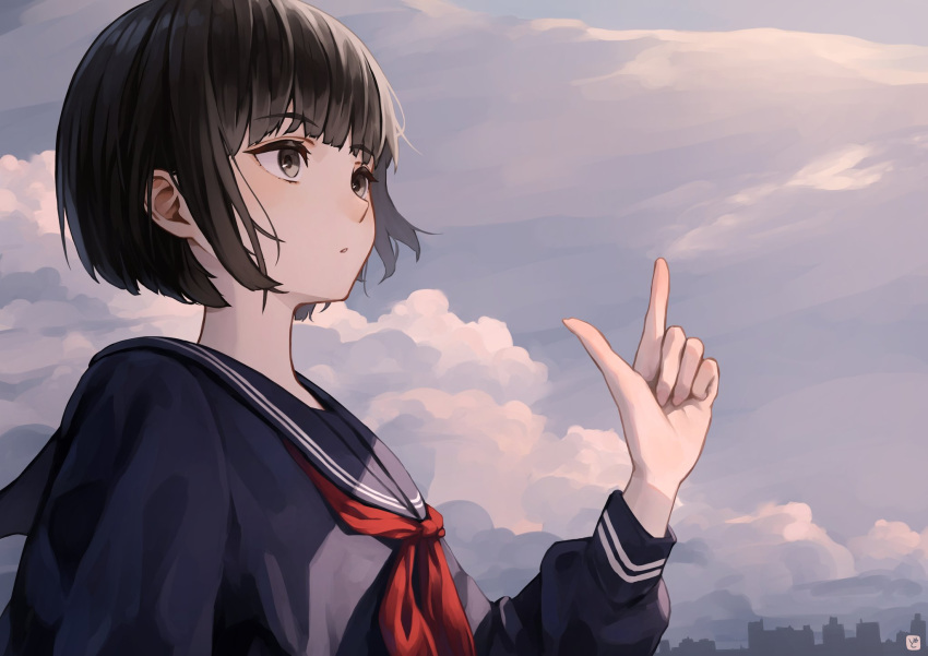 1girl acorn_dongur1 black_sailor_collar black_shirt bob_cut brown_eyes brown_hair clouds cloudy_sky day from_side hand_up highres index_finger_raised long_bangs long_sleeves looking_ahead neckerchief original outdoors parted_lips pointing pointing_up red_neckerchief sailor_collar school_uniform serafuku shirt short_hair sidelocks sky sleeve_cuffs solo upper_body watermark