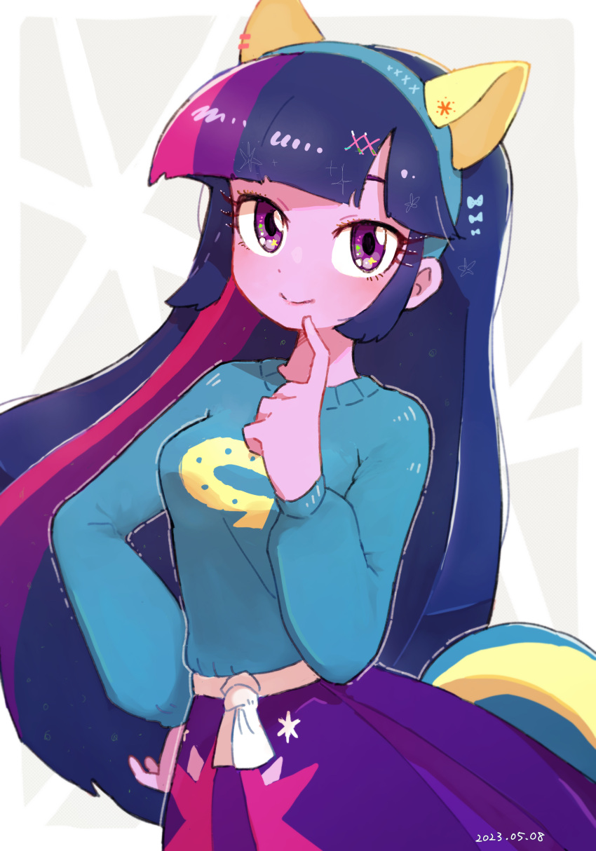 1girl absurdres animal_ears blue_jacket colored_skin dated fake_animal_ears fake_tail headband highres jacket long_hair looking_at_viewer multicolored_hair my_little_pony my_little_pony:_equestria_girls my_little_pony:_friendship_is_magic nendo23 personification pink_hair purple_hair purple_shirt purple_skin school_uniform shirt simple_background smile solo streaked_hair tail twilight_sparkle violet_eyes