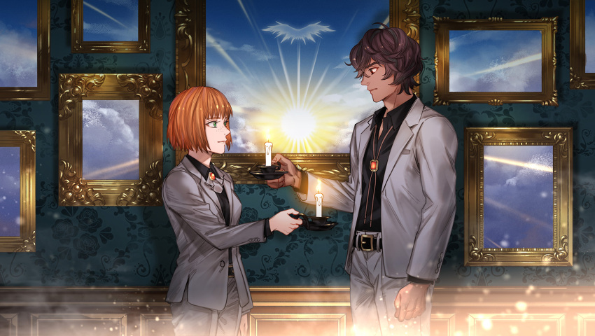 1boy 1girl akakokko_(niro_azarashi) arm_at_side ascot belt birdmen black_belt black_shirt bolo_tie brown_hair candle candlestand closed_mouth collared_shirt freckles from_side green_eyes grey_ascot grey_jacket highres holding holding_candle holding_candle_stand jacket long_sleeves miguel_antonio_batista picture_frame robin_howard shirt short_hair wallpaper_(object)