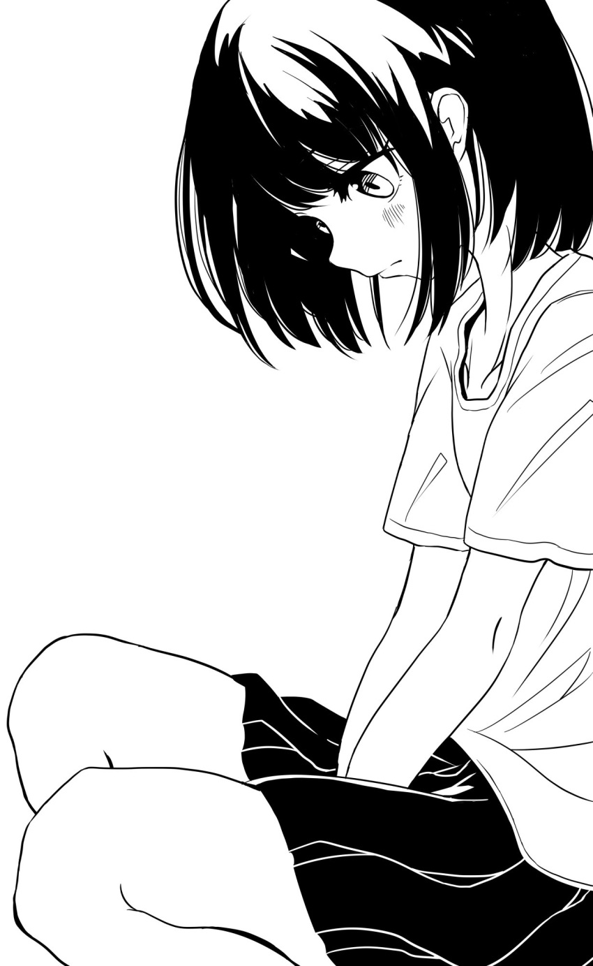 1girl arms_between_legs blush closed_mouth collarbone cowboy_shot expressionless greyscale highres legs_together long_bangs looking_down miniskirt monochrome original pleated_skirt shirt short_hair short_sleeves sidelocks sitting skirt smison solo t-shirt