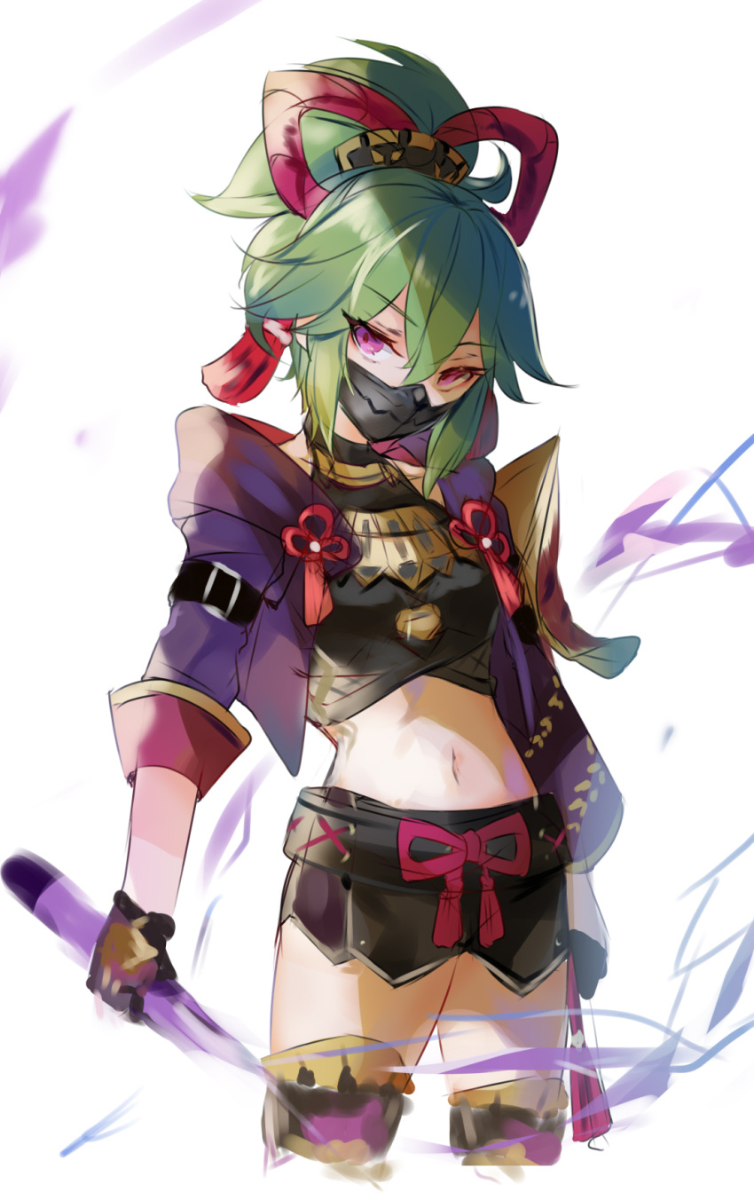 1girl black_footwear black_gloves black_mask black_shorts black_tank_top boots bow breasts collarbone genshin_impact gloves green_hair hair_between_eyes hair_bow hair_ornament highres holding holding_sword holding_weapon jacket katana kuki_shinobu kutsuki_kai large_bow looking_to_the_side mask medium_breasts mouth_mask navel ninja_mask open_clothes open_jacket pink_bow ponytail purple_jacket short_hair short_ponytail short_shorts shorts sidelocks simple_background solo standing sword tank_top tassel tassel_hair_ornament thigh_boots two-sided_fabric two-sided_jacket violet_eyes weapon white_background yellow_jacket