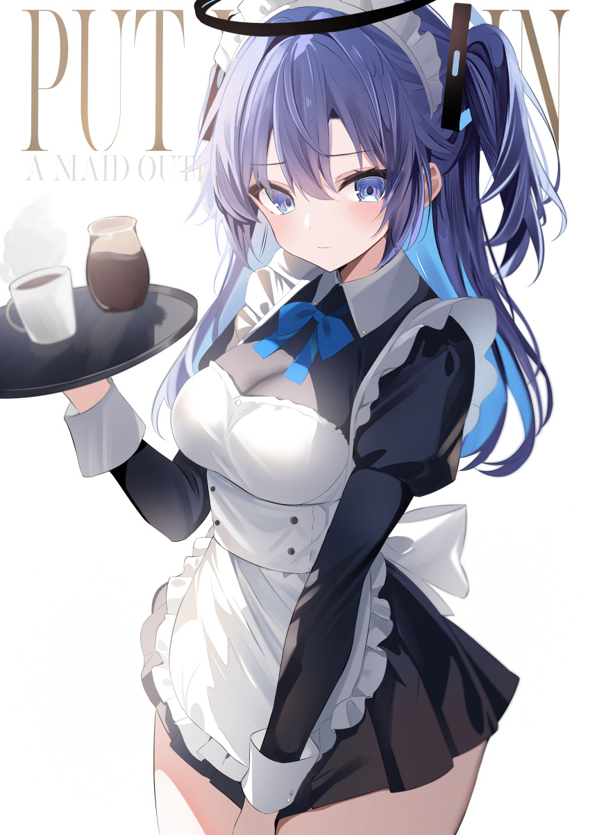 1girl absurdres alternate_costume apron black_dress blue_archive blue_bow blue_bowtie blue_eyes blue_hair blush bow bowtie breasts closed_mouth colored_inner_hair cup dress enmaided frilled_apron frills halo highres holding holding_tray light_blue_hair long_hair long_sleeves maid maid_apron maid_headdress mechanical_halo medium_breasts multicolored_hair short_dress simple_background solo touyou_(39kir) tray two_side_up white_apron white_background yuuka_(blue_archive)