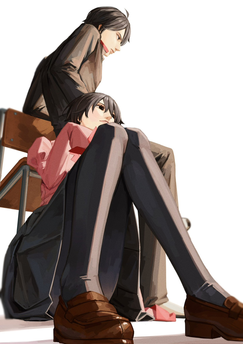 1boy 1girl ahoge araragi_koyomi black_eyes black_jacket black_pants black_pantyhose black_skirt blurry blurry_background brown_footwear chair closed_mouth commentary empty_eyes foreshortening full_body highres jacket leaning_back loafers looking_afar looking_ahead looking_to_the_side monogatari_(series) naoetsu_high_school_uniform nemo_ringo on_chair on_ground oshino_ougi pale_skin pants pantyhose perspective pink_mouth pink_shirt pleated_skirt puffy_sleeves school_chair school_uniform shirt shoes short_hair simple_background sitting skirt sleeves_past_fingers sleeves_past_wrists very_long_sleeves white_background white_footwear