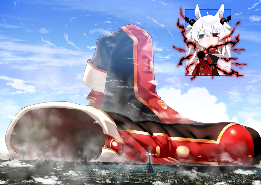 1girl absurdres alice_claudia animal_ears bare_shoulders blue_eyes boots city closed_mouth clouds detached_sleeves giant giantess hair_ornament hairband heterochromia highres knee_boots long_hair original rabbit_ears red_eyes size_difference