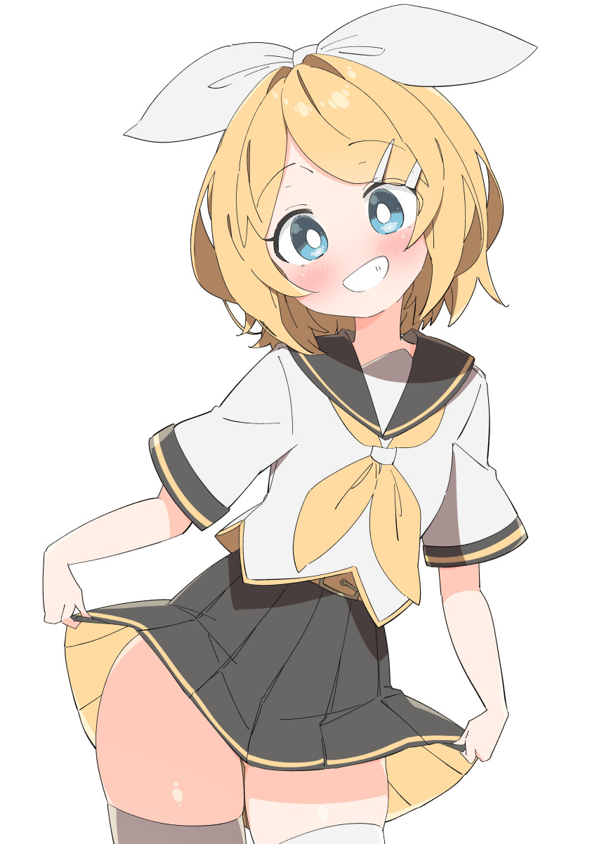 1girl absurdres blonde_hair blue_eyes bob_cut bow clothes_lift cowboy_shot grin hair_bow hairband highres kagamine_rin midriff_peek neckerchief no_nose parted_bangs pleated_skirt shiny_skin skirt skirt_lift smile solo thick_thighs thigh-highs thighs uruti_2388 vocaloid white_background white_bow white_hairband white_thighhighs yellow_neckerchief