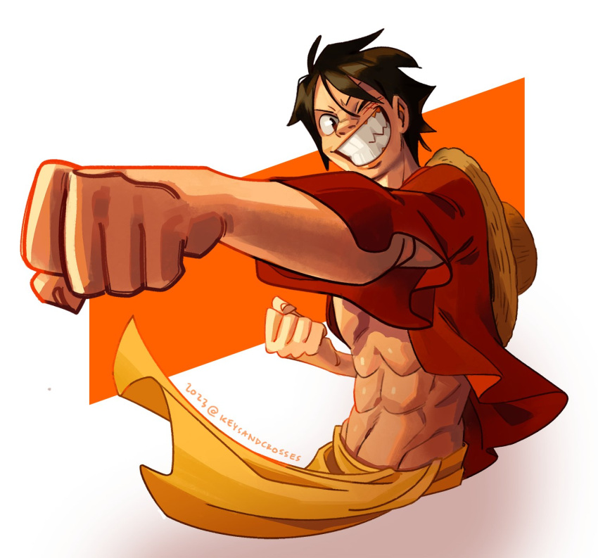 1boy abs artist_name black_hair cardigan clenched_hand grin hat hat_on_back highres keysandcrosses male_focus monkey_d._luffy one_eye_closed one_piece open_cardigan open_clothes punching red_cardigan sash scar scar_on_cheek scar_on_chest scar_on_face short_hair short_sleeves simple_background smile solo straw_hat teeth toned toned_male white_background yellow_sash