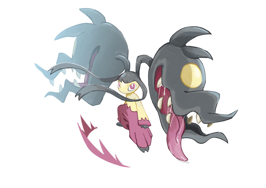 absurdres bright_pupils commentary_request floating_hair full_body highres legs_apart looking_up mawile mega_mawile pokemon pokemon_(creature) saliva seal_in_somalia squatting tongue violet_eyes white_background white_pupils