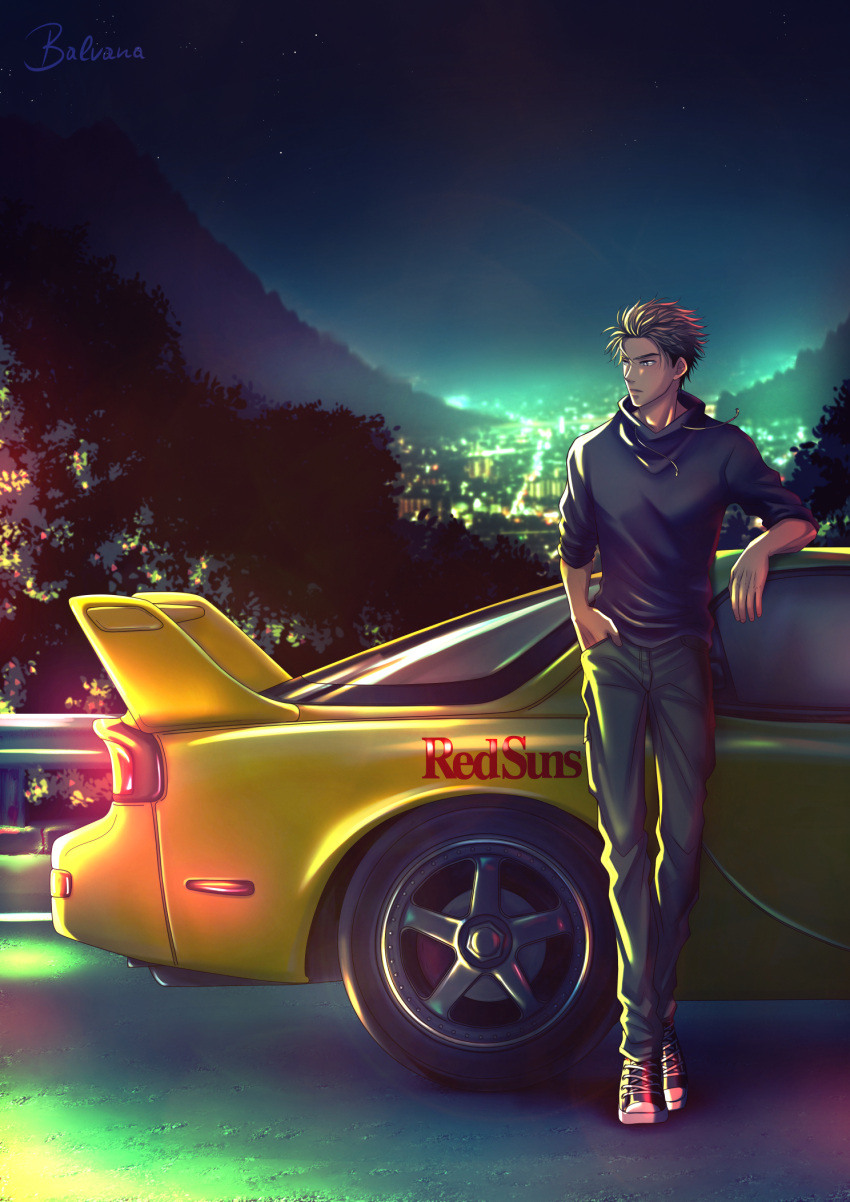 1boy artist_name balvana black_footwear black_pants black_sweater blonde_hair car english_commentary full_body glowing grey_eyes hair_behind_ear hand_in_pocket highres initial_d looking_to_the_side male_focus mazda mazda_rx-7 mazda_rx-7_fd motor_vehicle night pants shoes sneakers solo sports_car sweater takahashi_keisuke takahashi_keisuke's_mazda_rx-7_fd tree