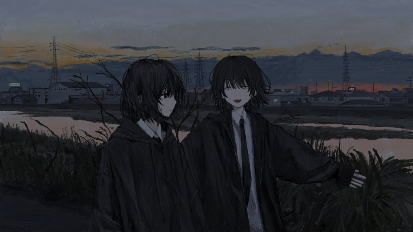2girls bags_under_eyes black_eyes black_hair black_jacket black_necktie closed_mouth clouds collared_shirt commentary_request dawn facing_another grass highres hood hooded_jacket house jacket long_sleeves looking_at_another multiple_girls nakase_miru necktie open_clothes open_jacket open_mouth original river shirt short_hair smile teeth transmission_tower upper_body upper_teeth_only white_shirt